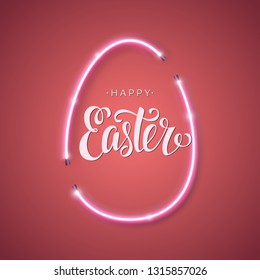 Happy Easter script lettering inscription. Hand lettering card. Modern calligraphy for Easter Day. Vector neon sign. Abstract background with bright pink vector neon egg. 