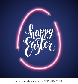 Happy Easter script lettering inscription. Hand lettering card. Modern calligraphy for Easter Day. Vector neon sign. Abstract background with bright pink vector neon egg. 