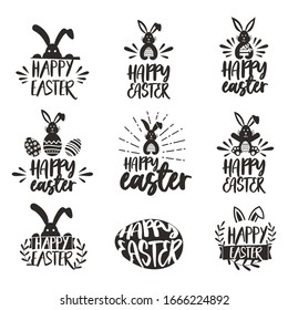 Happy Easter Script Lettering Logo Icon Vector Background Template. Set Bunny Rabbit Graphic Label. 