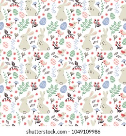 Happy Easter Seamless Backgroun with Flowers, Bunnies, Birds, and Easter Eggs.