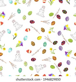 Happy Easter. Seamless background of Easter bunny, Easter rabbit and colorful Easter eggs with a pattern, pussy-willow, daffodils, crocus. Vector illustration isolated on white background