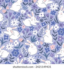 Happy Easter seamless background with bunny and flowers. Cute spring Easter seamless pattern design. 