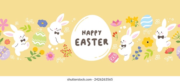 Feliz Pascua vector de fondo sin fisuras. Conejo blanco lindo dibujado a mano, huevos de Pascua, flores, rama de hoja sobre fondo amarillo. Colección de diseño de garabato adorable para decorativo, tarjeta, niños, banner.