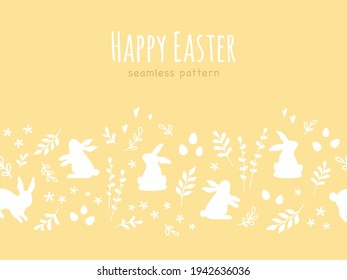 Happy Easter seamless banner. Vector repetitive design with Easter bunnies, flowers, leaves and eggs. Seamless pattern.