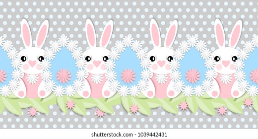 Happy Easter. Seamless border with 3d paper flowers, decorative egg and easter bunny. Romantic design with paper cut flovers in pastel colors.