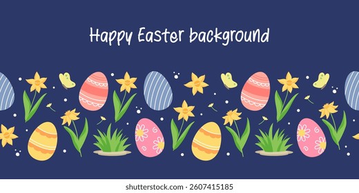 Happy Easter seamless border. Easter eggs and flowers daffodils on blue background.