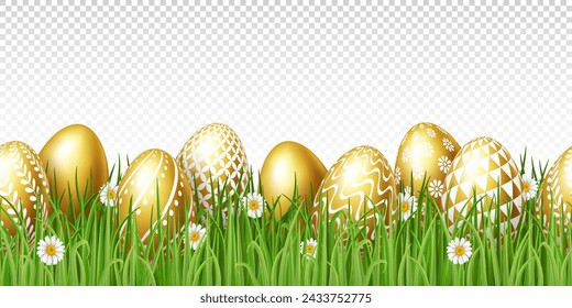 Happy Easter seamless border with realistic golden easter eggs, green grass and chamomile on transparent background. Template Easter banner.