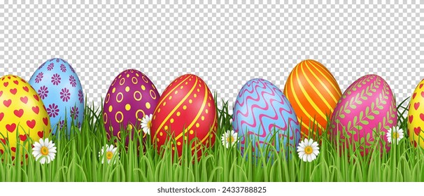 Happy Easter seamless border with realistic colorful easter eggs, green grass and chamomile on transparent background. Template Easter banner.