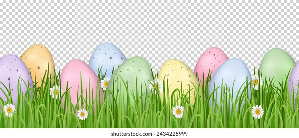 Happy Easter seamless border with realistic colorful pastel speckled Easter eggs, green grass and chamomile on transparent background. Template Easter banner.