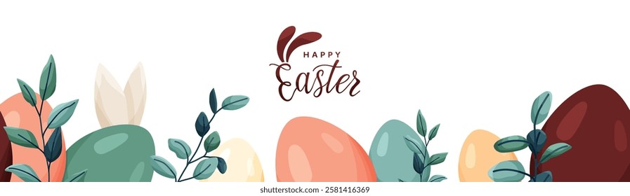 Happy Easter seamless border vector background. Greeting banner with easter eggs, bunny ears, spring plants, leaves in modern cartoon style. Lettering text sign with bunny ears.