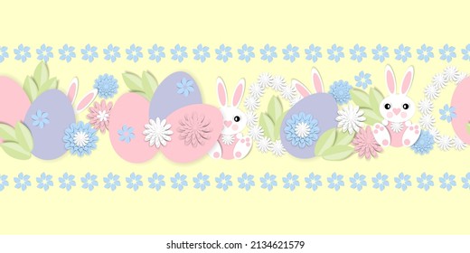 Happy Easter. Seamless border with voluminous paper flowers, decorative egg and easter bunny. Romantic design with paper cut holiday elements in pastel colors.