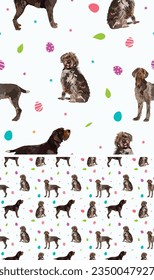 Happy Easter seamless funky pattern with flowers, leaves, painted eggs and Wirehaired Pointing Griffon dog breeds, seasonal design background. Holiday present, spring fresh design, pastel colors, flat