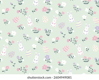 Happy Easter. Easter seamless pastel botanic pattern of flowers, rabbits, eggs in flat style. Elegant, aesthetic, stylish hand drawing doodles of vector vintage botanical elements. 