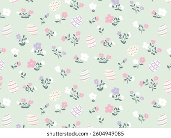 Happy Easter. Easter seamless pastel botanic pattern of flowers, eggs in flat style. Elegant, aesthetic, stylish hand drawing doodles of vector vintage botanical elements. 