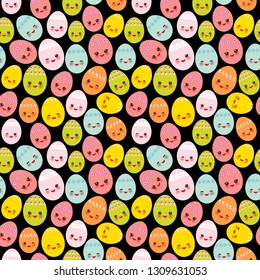 Happy Easter seamless patern, greeting card banner template. Kawaii colorful blue green orange pink yellow cute funny egg with pink cheeks and winking eyes, pastel colors on black background. Vector