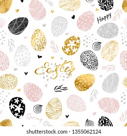 Happy Easter seamless patter. Easter eggs. Gentle pastel colors. Light  pink, gray, black, white and gold. Hand drawing illustration. Isolated on white background.
