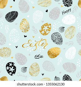 Happy Easter seamless patter. Easter eggs. Gentle pastel colors. Light  green, gray, black, white and gold. Hand drawing illustration.