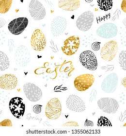 Happy Easter seamless patter. Easter eggs. Gentle pastel colors. Light  green, gray, black, white and gold. Hand drawing illustration. Isolated on white background.