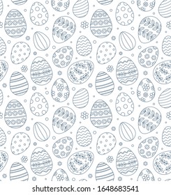 Happy Easter seamless pattern background greeting card with decorated painted Easter eggs. Vector Illustration thin line art doodle style design for invitations, prints, wrapping paper