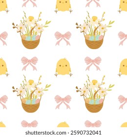 Happy easter seamless pattern, pattern with basket full of eggs and flowers, chick, tied bow