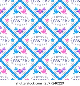 Happy Easter seamless pattern with birds and flowers on white background, Vector illustration in modern flat style, Great for Easter design, wrapping paper, fabric, textiles, wallpapers
