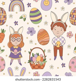 Happy Easter Seamless pattern with bou in bunny ears and girl in bunny ears. Cute easter groovy pattern with basket, eggs, flowers, carrot on beige background. Vector illustration