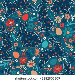 Happy Easter seamless pattern. Bright flat illustration with rabbits, eggs, and flowers for fabric, wrapping paper, and any design.