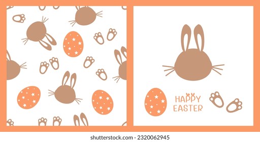 Feliz Pascua sin costuras con dibujos animados de conejito marrón, huevos y pie sobre fondo blanco. Cara de conejo, huevo de Pascua, pies de conejo e ilustración del vector de tipo de letra escrita a mano.