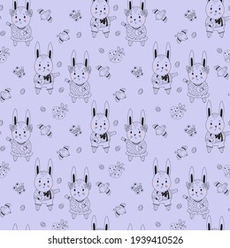 Happy Easter seamless pattern. Easter bunnies - boy and girl, decorative eggs, birds and butterflies on a blue background. Vector. Line, outline