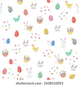 Happy Easter seamless pattern with bunnies, eggs and flowers. Vector hand drawn illustration.