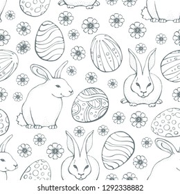 Happy Easter seamless pattern. Happy Easter with bunny, Easter eggs and flowers for greeting card, invitation template. Vector hand sketched set isolated on white background