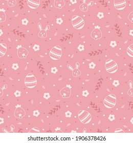 Happy Easter seamless pattern with bunny, egg, flower, branch, chicken on pink background. Greeting card vector icons, gift wrapping paper and wallpaper vector illustration