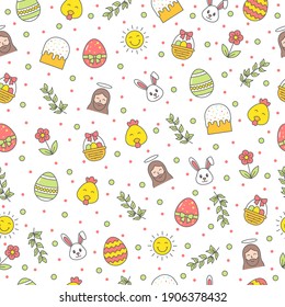 Happy Easter seamless pattern with bunny, jesus christ, egg, flower, branch, chicken on white background. Greeting card vector icons, gift wrapping paper and wallpaper vector illustration
