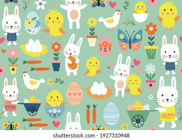 Happy Easter seamless pattern with bunny, egg, flower, branch, chicken with colorful