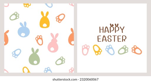 Happy Easter with seamless pattern of bunny cartoons and rabbit's feet on white background. Hand written fonts and rabbit's feet vector illustration. Cute childish print.