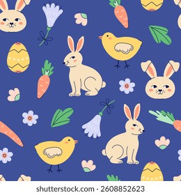 Happy Easter seamless pattern with bunny, chick and flowers on dark background. Happy Easter hand drawn card. Flat illustration with partial outline. Vector illustration.