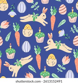 Happy Easter seamless pattern with bunny, chick and painted eggs on dark blue background. Happy Easter hand drawn card. Flat illustration with partial outline. Vector illustration.