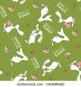 Happy Easter. Seamless pattern happy character white Easter Bunny holding colored egg, Rabbit hare background for printed materials, postcard greeting, festive menu, card flyer, banner.