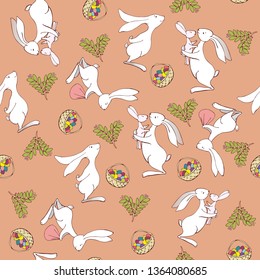 Happy Easter. Seamless pattern happy character white Easter Bunny holding colored egg, Rabbit hare background for printed materials, postcard greeting, festive menu, card flyer, banner.