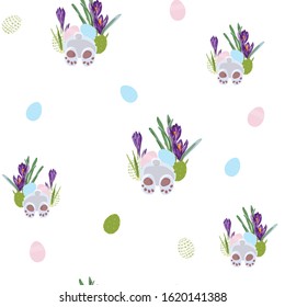 Happy Easter. Seamless pattern happy character white Easter Bunny holding colored egg, Rabbit hare background for printed materials, postcard greeting, festive menu, card flyer, banner.