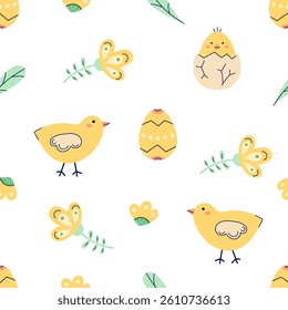 Happy Easter seamless pattern with chicken, flowers and painted eggs on white background. Happy Easter hand drawn card. Flat illustration with partial outline. Vector illustration.