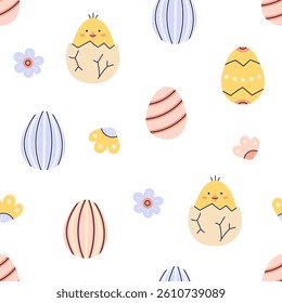Happy Easter seamless pattern with chicken and painted eggs on white background. Happy Easter hand drawn card. Flat illustration with partial outline. Vector illustration.