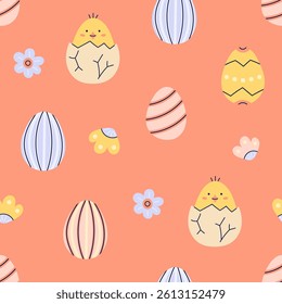 Happy Easter seamless pattern with chicken and painted eggs on orange background. Happy Easter hand drawn card. Flat illustration with partial outline. Vector illustration.