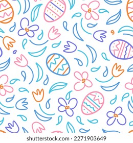 Happy easter. Seamless pattern chocolate eggs and spring flowers. In pastel colors. Doodle style. For wallpaper, printing on fabric, wrapping,