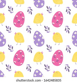 Happy Easter seamless pattern. Colored eggs, yellow chicken. Vector print for packaging, fabric, wallpaper.