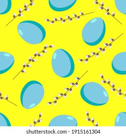 Happy Easter seamless pattern with colorful eggs and willow. Spring season holidays quotes and phrases for cards, banners, posters, mug, scrapbooking, pillow case, phone cases and clothes design. 