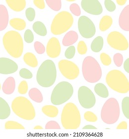 Happy Easter seamless pattern with colorful eggs on white background. Polka dots design for card, postcard, wallpaper, posters. Vector stock illustration. Cartoon style.
