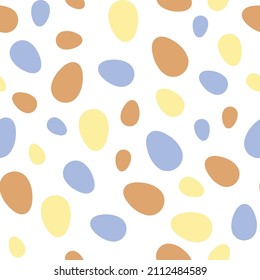 Happy Easter seamless pattern with colorful eggs on white background. Polka dots design for card, postcard, wallpaper, posters. Vector stock illustration. Cartoon style.