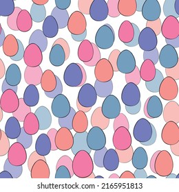 Happy Easter seamless pattern with colorful eggs on white background. Polka dots design for card, postcard, wallpaper, posters. Vector stock illustration. Cartoon style.