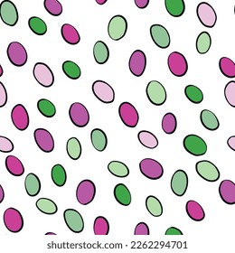 Happy Easter seamless pattern with colorful eggs on white background. Polka dots design for card, postcard, wallpaper, posters. Vector stock illustration. Cartoon style.